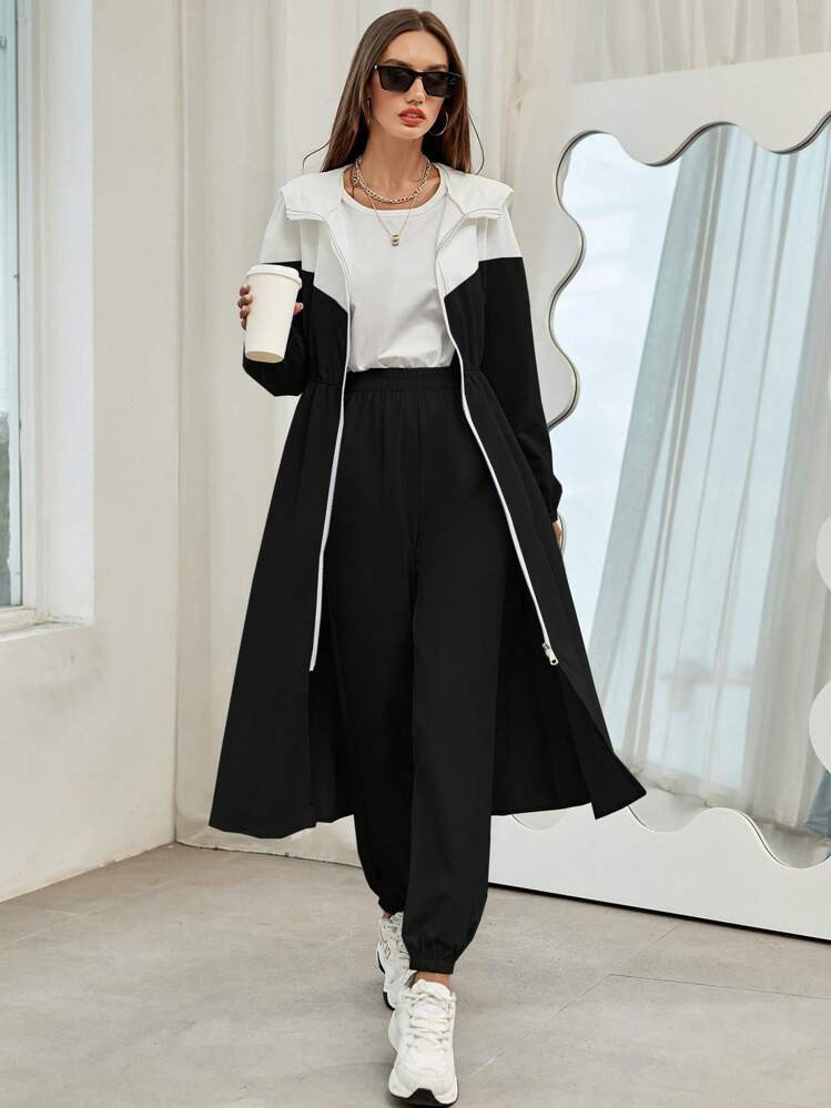 Mulvari Women's Color Block Hooded Jacket And Pants Set 2 Pieces Set Fall Cloth For Women | SHEIN