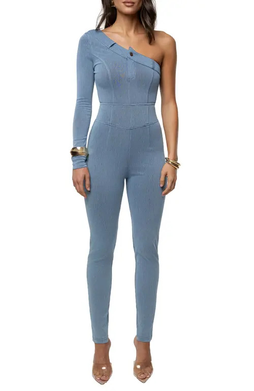 JLUXLABEL Button Me Up One-Shoulder Bodysuit in Denim at Nordstrom, Size Medium | Nordstrom
