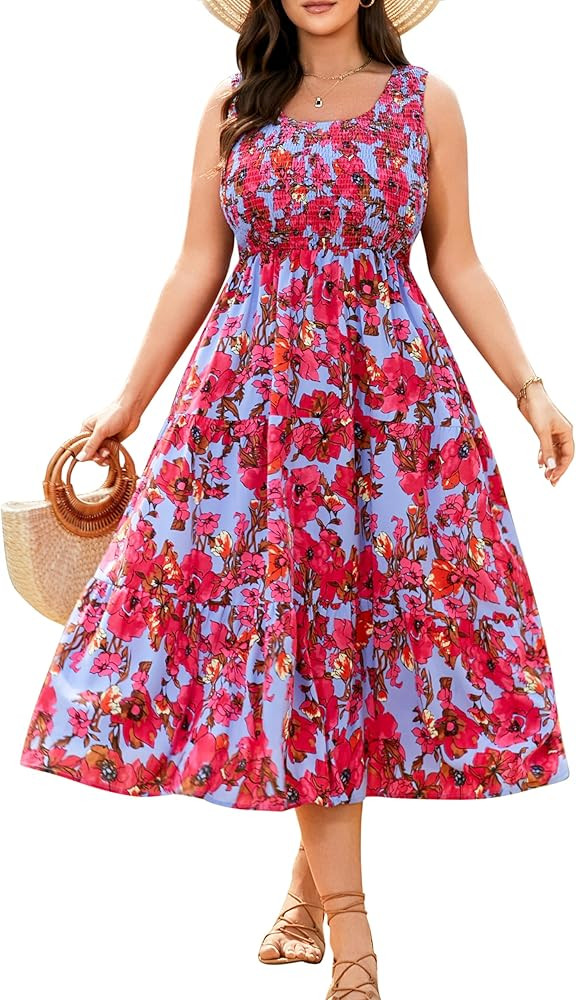RWJ Plus Size Summer Sleeveless Tank Dress for Women 2025 Smocked Casual Loose Sundress Flowy Beach Tiered Long Midi Dresses | Amazon (US)