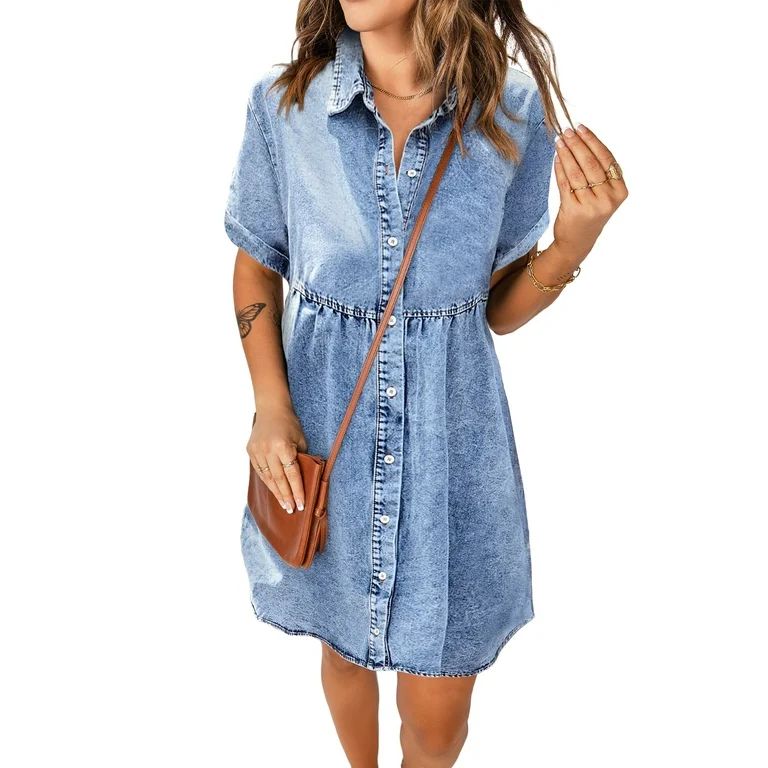 luvamia Women s Loose Fit Short Denim Dress Collared Neck A Line Tunic Dress Size L Bay Blue | Walmart (US)