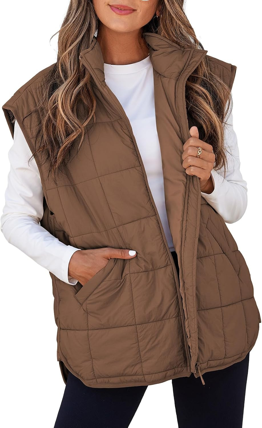 EVALESS Women Puffer Vest Quilted Cap Sleeve Zip Up Vest Tops | Amazon (US)