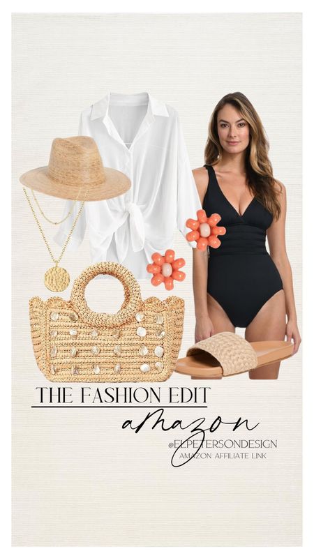 Bathing suit
Earrings
Straw hat
Sandals
Necklace
Beach shirt cover up

#LTKstyletip