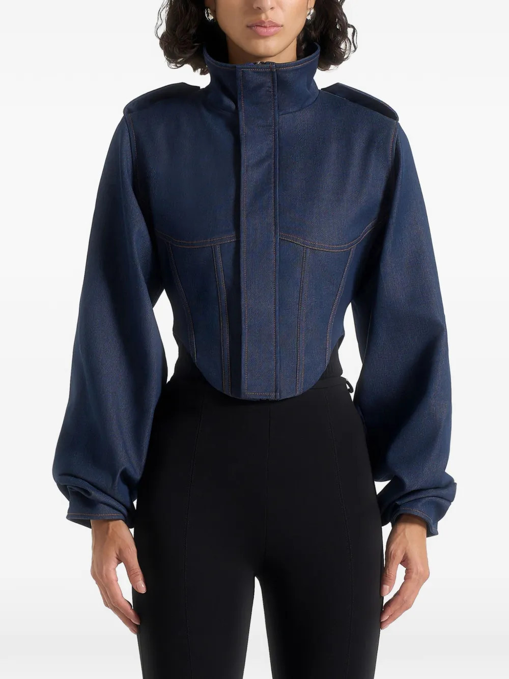 Manière De Voir Solange tacked-sleeve blue corset denim jacket | Farfetch Global