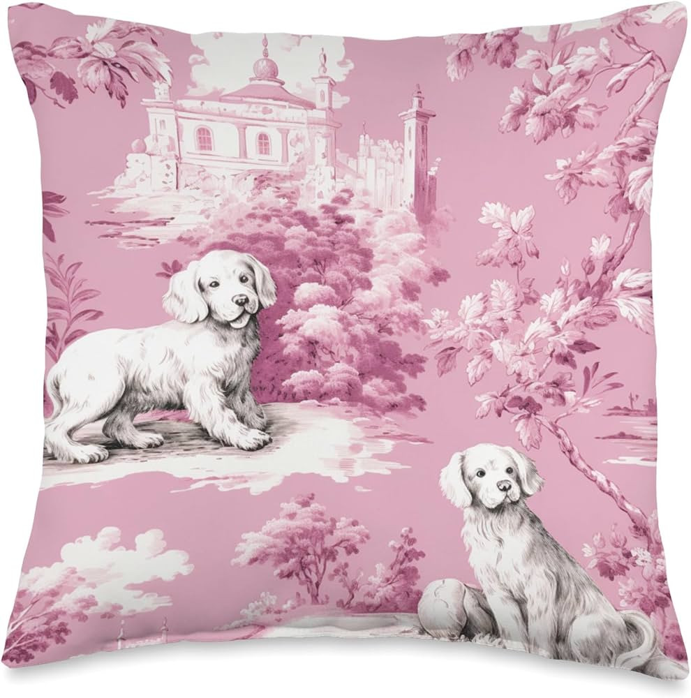 Chinoiserie Dog Toile Pink and White Florals Cottagecore Throw Pillow | Amazon (US)