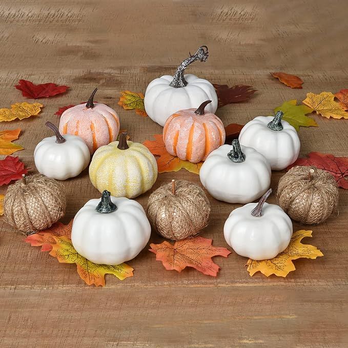 Artiflr 62 Pieces Artificial Harvest Pumpkins Decoration Set, Assorted Fake Fall Maple Leaves Pum... | Amazon (US)