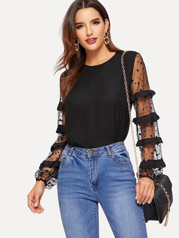 Ruffle Trim Dot Mesh Insert Keyhole Back Top | SHEIN