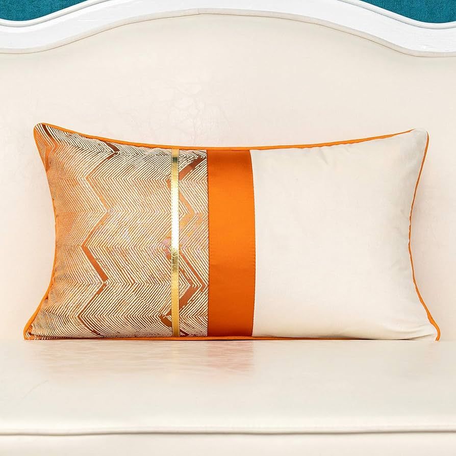 Alerfa 12 x 20 Inch Orange White Geometric Striped Gold Leather Patchwork Velvet Cushion Case Lux... | Amazon (US)