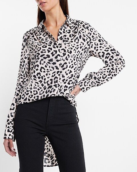 Leopard Print Tunic Pleated Shoulder Button Up Shirt | Express