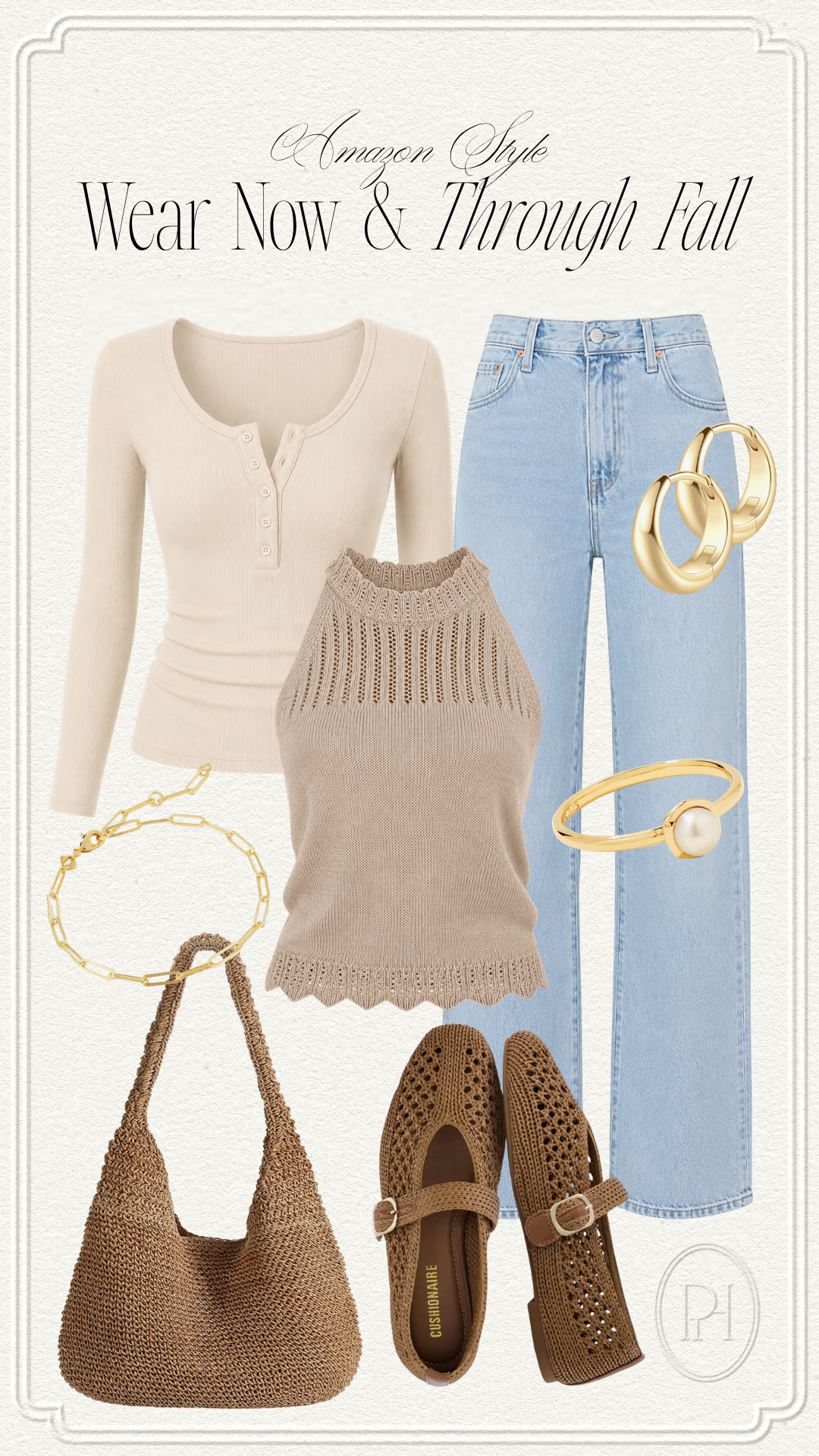 The perfect pieces to wear in late summer though fall! All found on Amazon!

end of summer looks, late summer fashion, seasonal transition fashion, light layers, wide leg jeans, light wash denim, straight leg jeans, neutral fashion, fall fashion, fall style, fall looks, fall outfit, knit top, knit tank top, tan tank top, long sleeve top, woven handbag, brown handbag, brown flats, mesh flats, brown accessories, gold jewelry, gold earrings, hoop earrings, pearl ring, gold bracelet 

 #LTKgrwm #LTKootd #LTKSeasonal