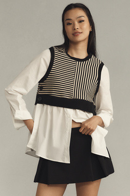 Maeve Long-Sleeve Linen Twofer Sweater Vest Top | Anthropologie (US)