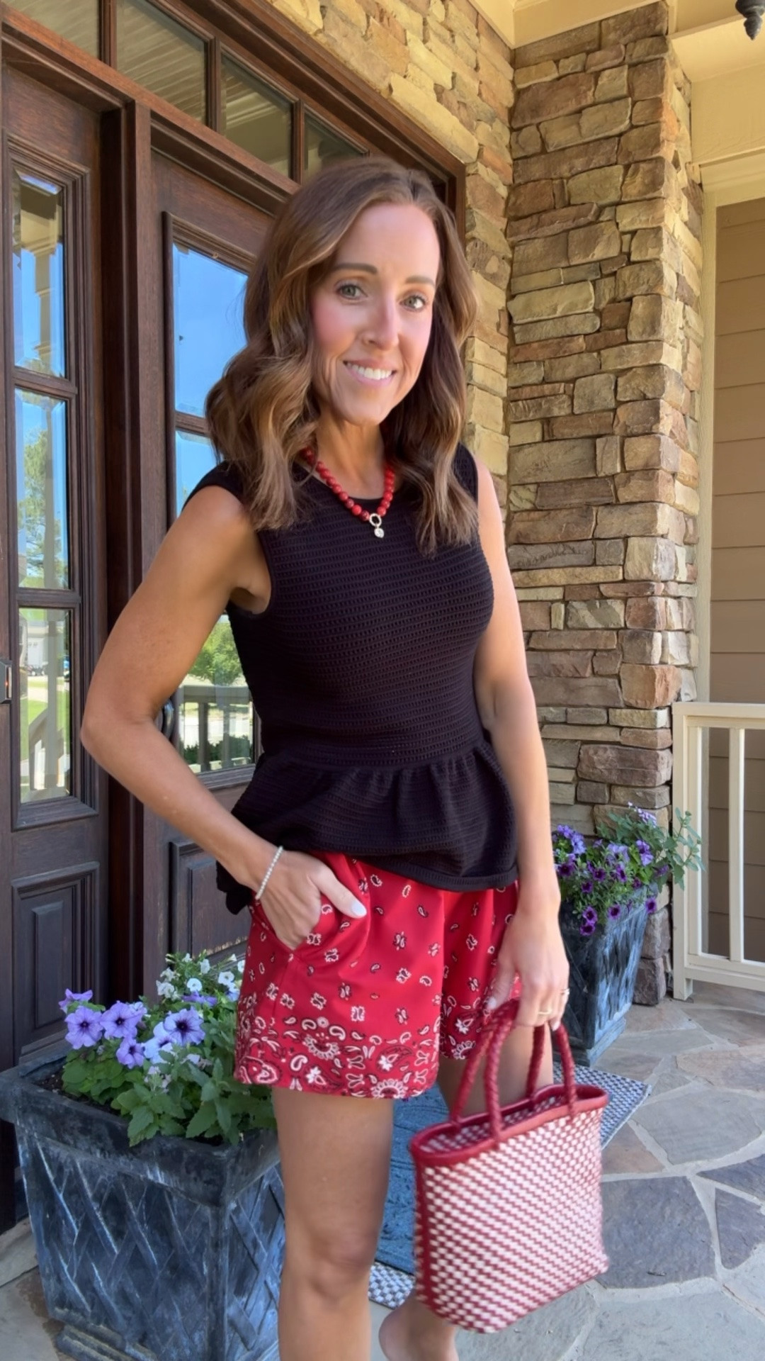 Red bandana print shorts. Black peplum tank. Summer style. Woven mini tote bag. 
Tank XS. Shorts S. 
Madewell extra 20% off with code LTK20

#LTKxMadewell #LTKSaleAlert #LTKSeasonal