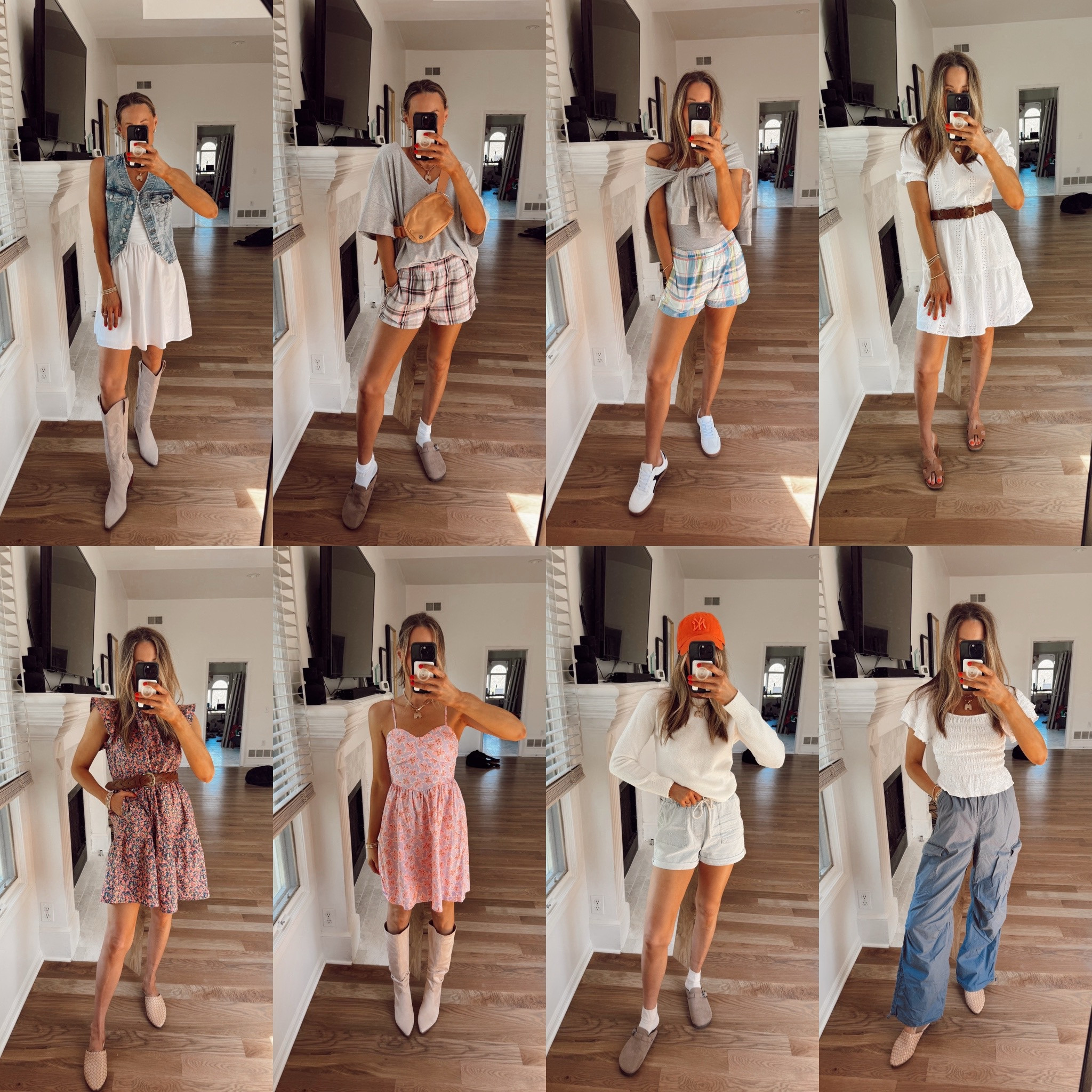 Walmart outfits for spring!
All dresses, size small, boxer shorts, small, Jean shorts, medium. Cargo pants, small. White top, small, Jean vest, small