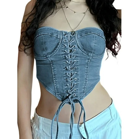 Women Sexy Denim Tube Top Y2K Strapless Corset Crop Top Sleeveless Off Shoulder Bustier Bandeau Tank | Walmart (US)