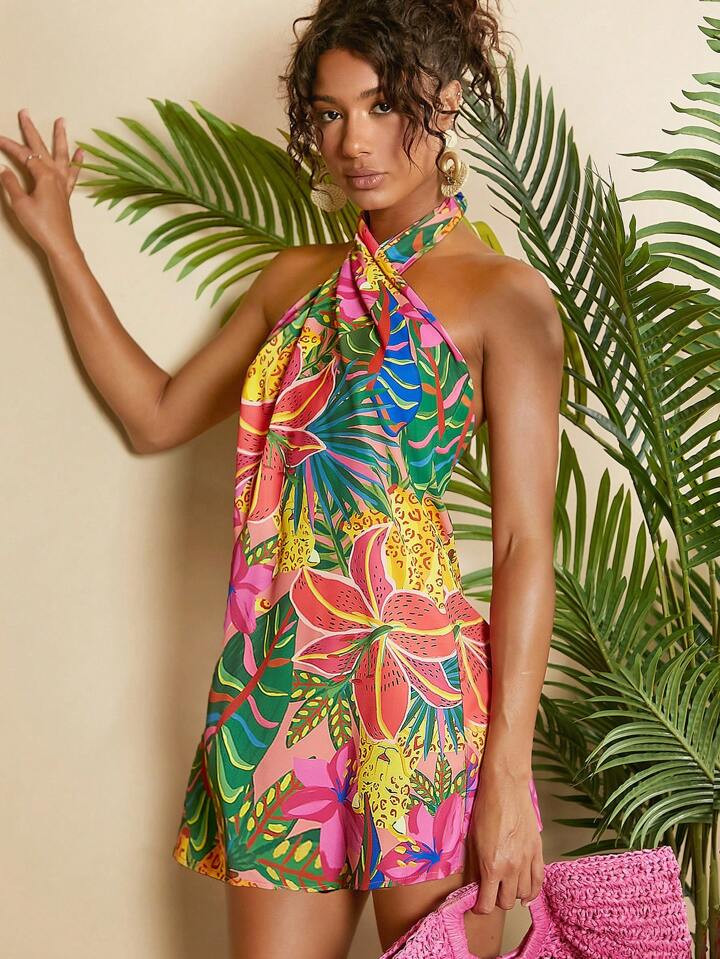 SHEIN TRVLCHIC Tropical Print Crisscross Halter Backless Dress | SHEIN