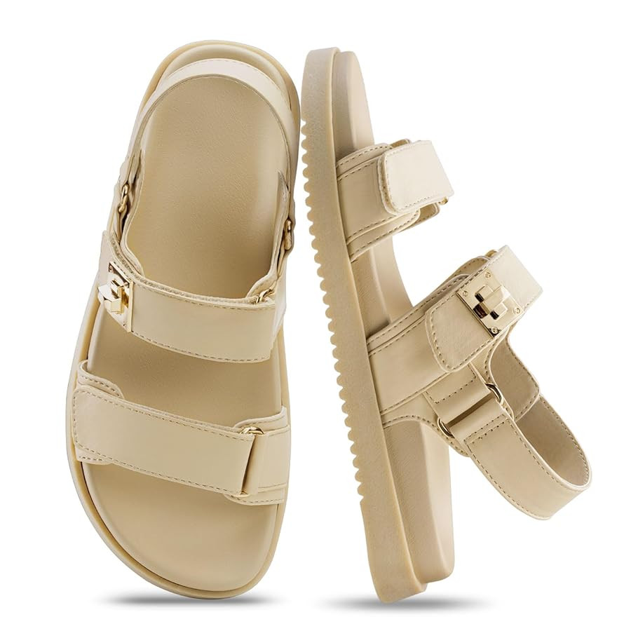 FITORY Women's Flat Sandals Classic Adjustable Double Strap with Cushioned Footbed for Summer Siz... | Amazon (US)