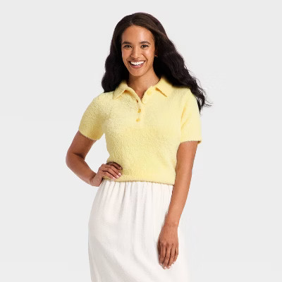 Women's Short Sleeve Polo Collar Fuzzy Polo T-Shirt - A New Day™ | Target