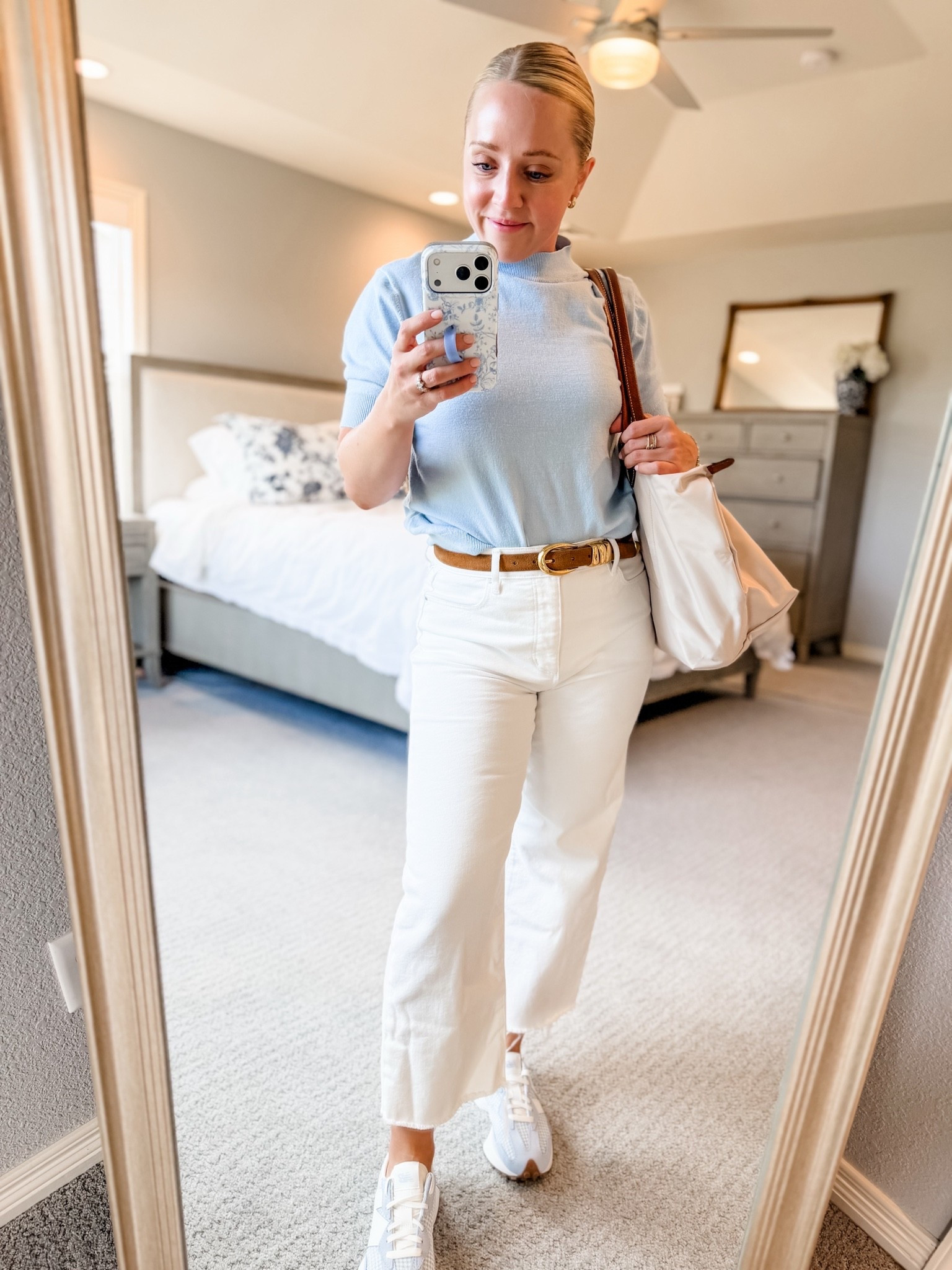 Spring outfit of the day! Seriously can’t love these printed sneakers in light blue! They also come in a pink gingham. Jeans are petite and fit tts. They have great stretch and I love the raw hem. Sweater and new balance sneakers fit tts.

#LTKootd #LTKPetite #LTKSaleAlert