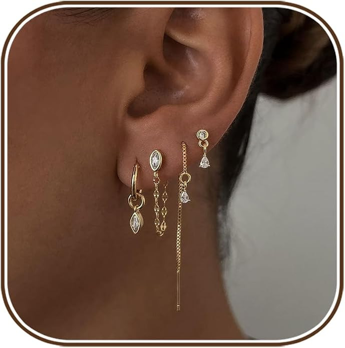 Gold Earring Stacks for Women,Dainty Chain Dangle Threader Earrings Set | 14K Gold Plated Dangle ... | Amazon (US)