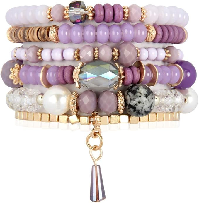 RIAH FASHION Bead Multi Layer Versatile Statement Bracelets - Stackable Beaded Strand Stretch Ban... | Amazon (US)
