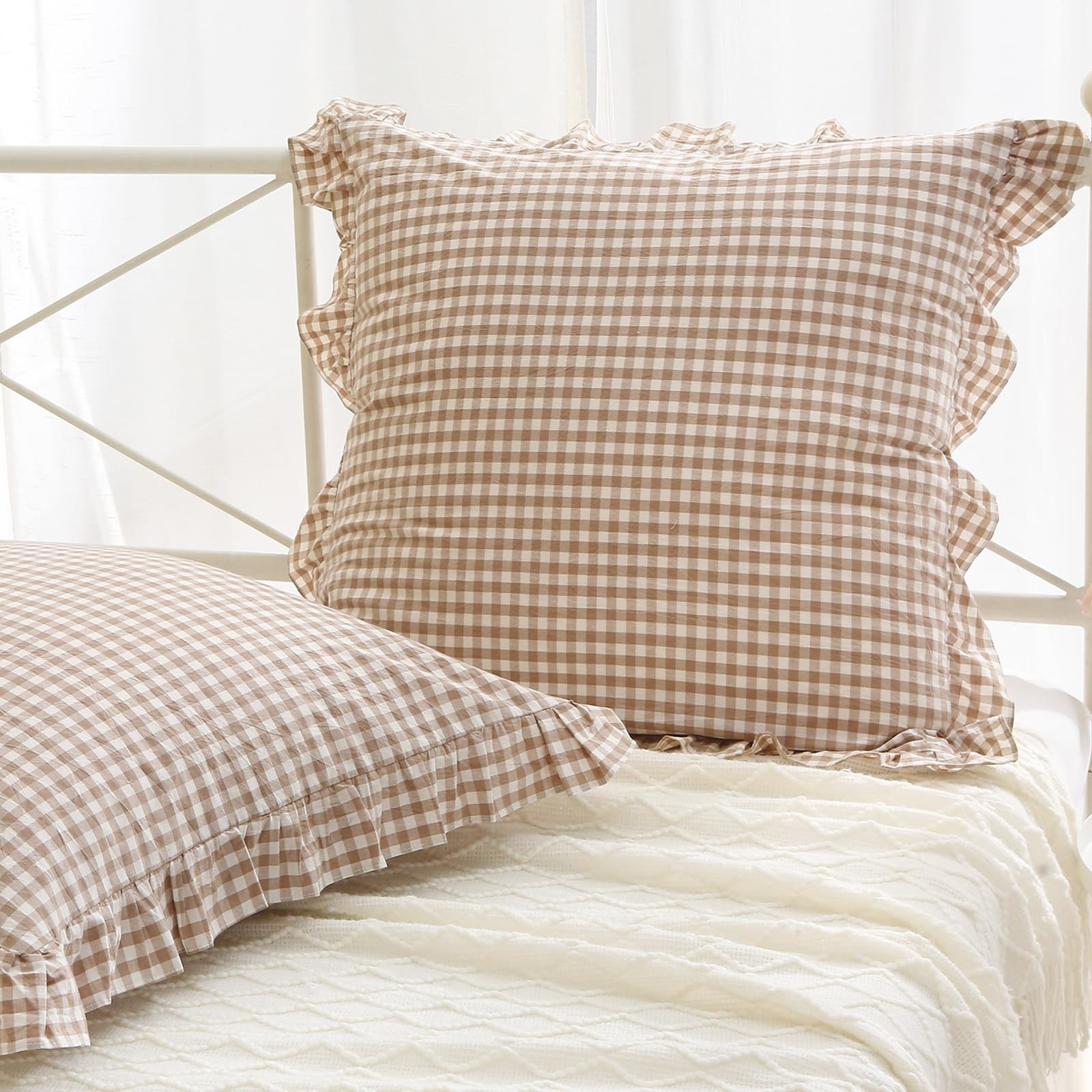 2 Pack Taupe White Plaid Ruffle Gingham Throw Pillow Covers, 100% Washed Cotton Checkered Farmhou... | Amazon (US)