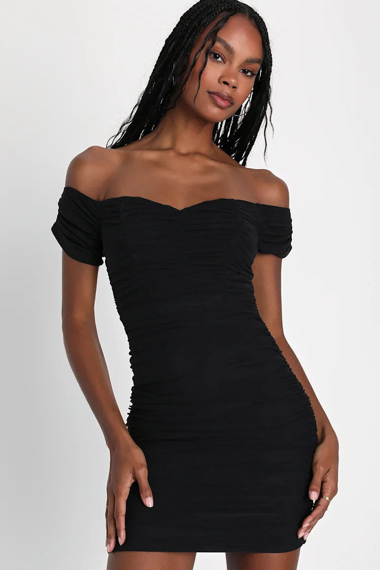 Sultry Impression Black Mesh Ruched Off-the-Shoulder Mini Dress | Lulus (US)