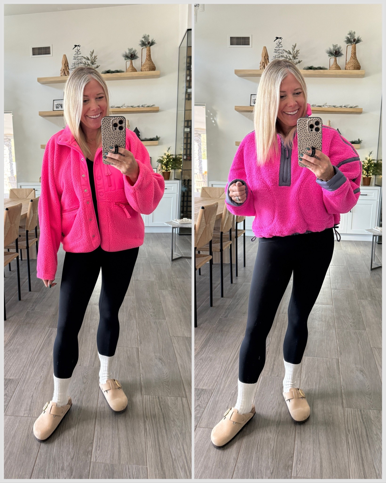 Free people hot pink fleece. I have on an XS in the half zip and small in the jacket  Small spanx leggings and 39 Birkenstocks 


#LTKActive #LTKmomlife #LTKHoliday