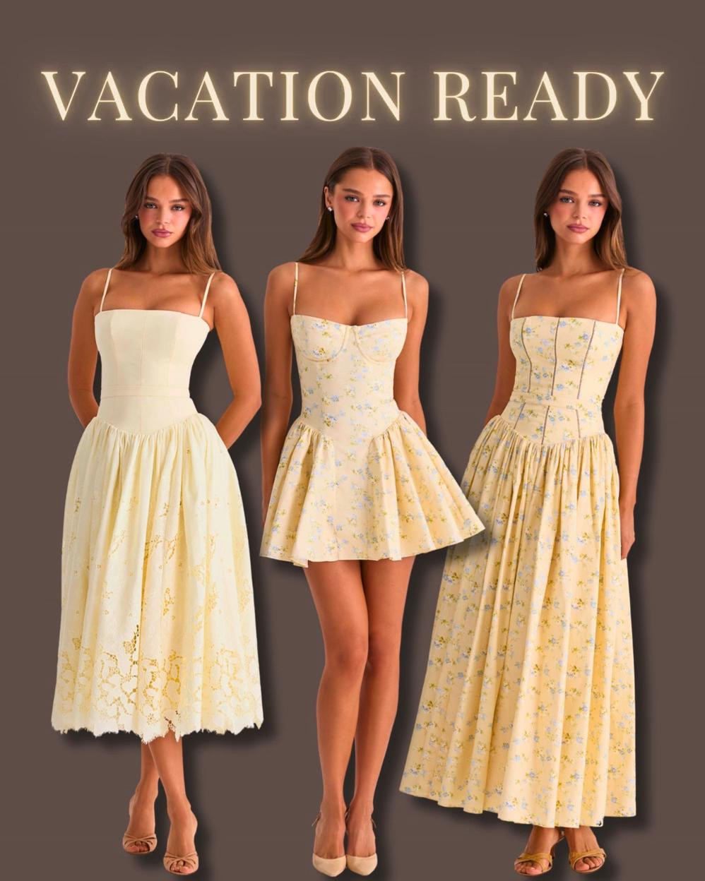 Soft yellow tones and delicate floral prints make these vacation-ready dresses feel light, feminine, and perfect for sunny days ☀️ Flowy silhouettes add an effortless, romantic touch.
#VacationOutfits #YellowDress #FloralDress #MidiDress #SummerDress #FeminineStyle #WomensFashion #OutfitInspo 

 