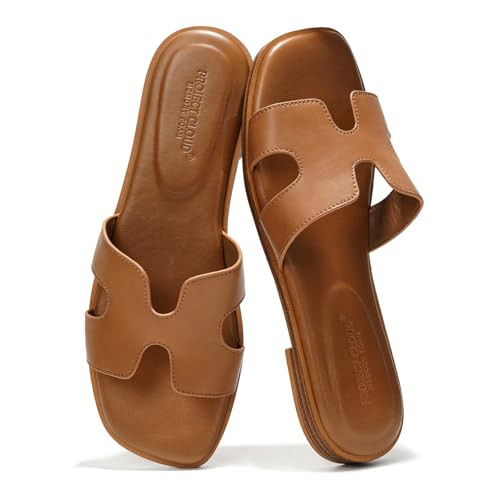 Project Cloud 100% Genuine Leather Sandals for Women 2026 - Fashion Flat Womens Sandals with Memory Foam Insole Slides Sandals Women Footwear - Mules Women's Sandals (Jannel,Cogn, 9) | Amazon (US)