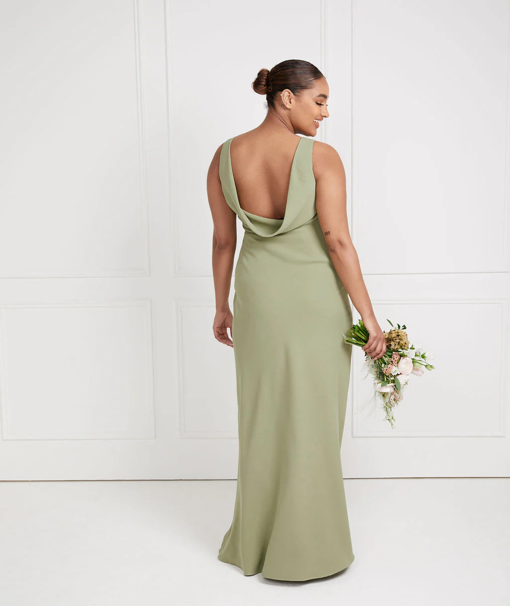 Cowl Back Crepe Bridesmaid Dress - Sage | Six Stories