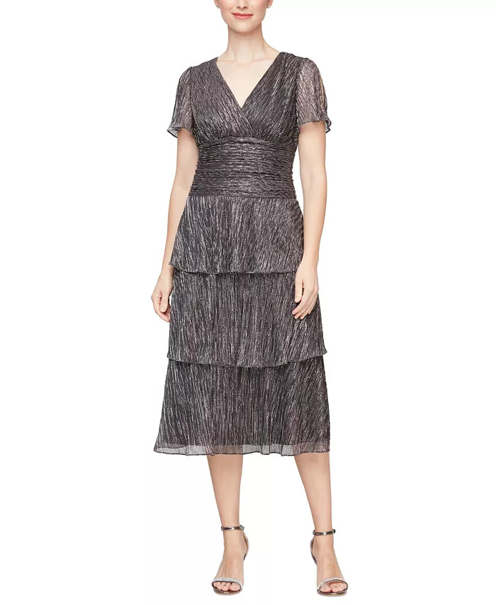 SL Fashions Women's Metallic Flutter-Sleeve Tiered Midi Dress - Macy's | Macy's