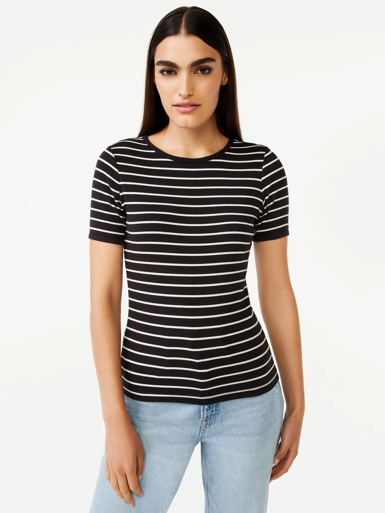 Free Assembly Women's Ribbed Crewneck Tee with Short Sleeves - Walmart.com | Walmart (US)