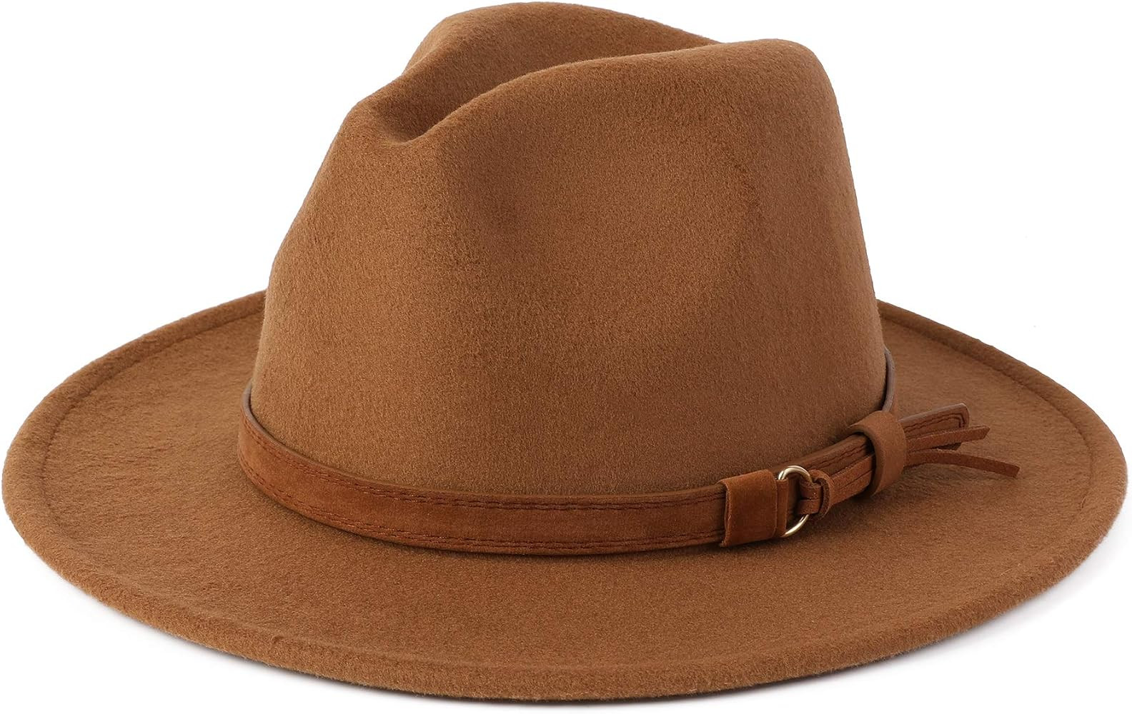 Classic Wide Brim Women Men Fedora Hat with Belt Buckle Felt Panama Hat | Amazon (US)