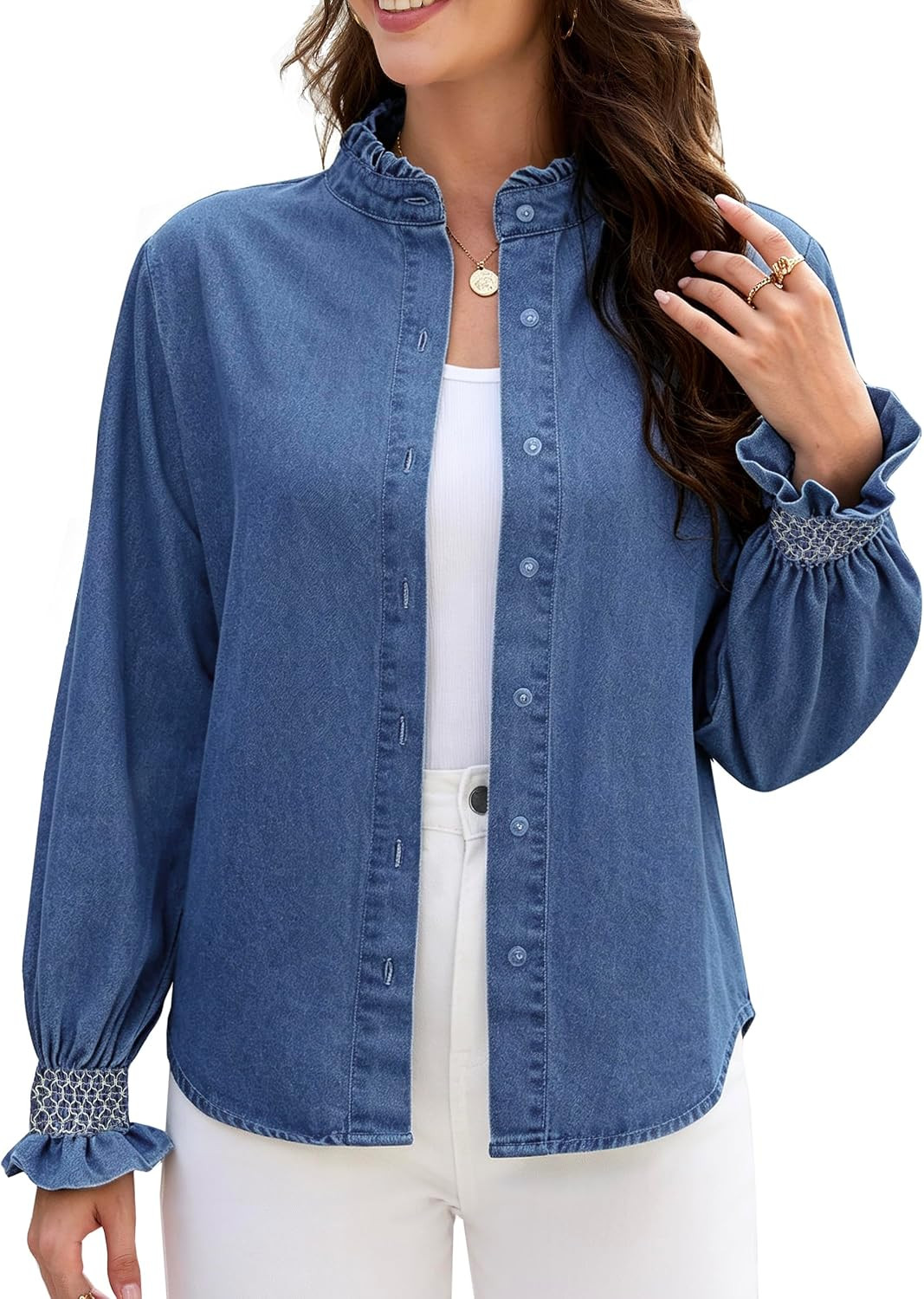Women's Button Denim Shirt Ruffled Chambray Jean Shirt | Amazon (US)