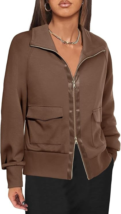 Fisoew Women's Zip up Sweatshirt Collared Neck Long Sleeve Loose Casual Lightweight Jacket with P... | Amazon (US)