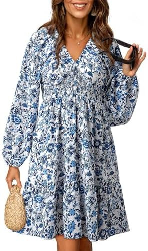 Dokotoo Womens Dresses Boho Floral V Neck Long Sleeve Smocked Elastic Waist Casual A-Line Mini Dr... | Amazon (US)