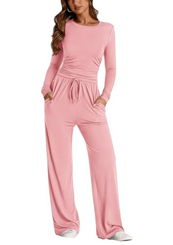 PRETTYGARDEN Women's 2 Piece Outfits Fall Tracksuits Long Sleeve Crop Tops Wide Leg Pants Spring Matching Lounge Travel Sets (Pink,Medium) | Amazon (US)