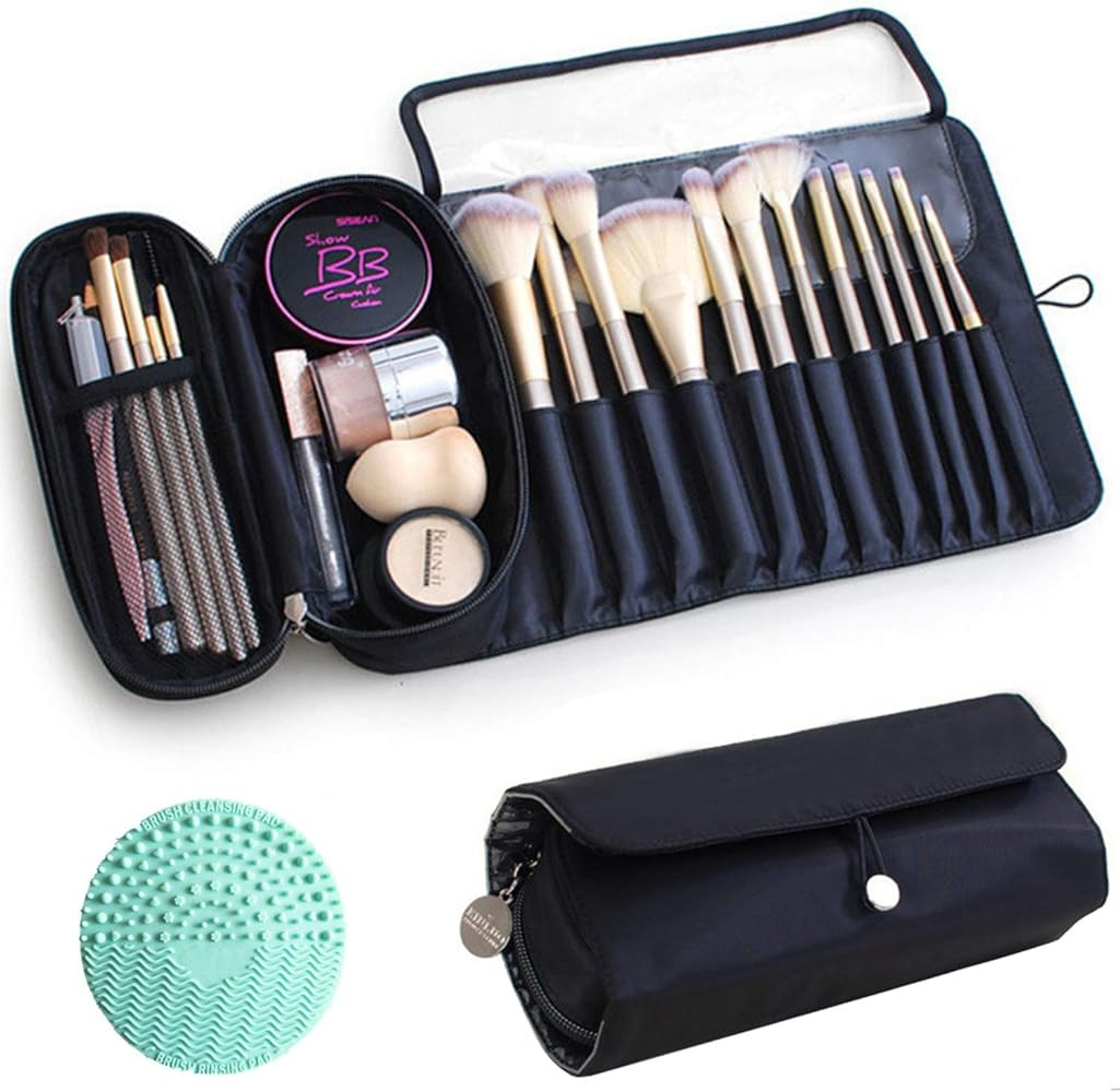 Makeup Brush Bag, Travel Makeup Brush Case Makeup Brush Holder Organizer Cosmetic Bag Portable Ro... | Amazon (US)