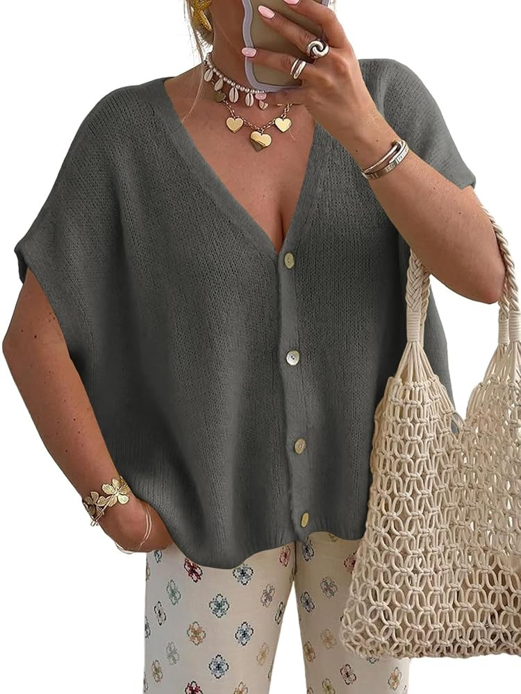 Saodimallsu Womens Summer Oversized Cardigans Batwing Short Sleeve Lightweight Button V Neck Casu... | Amazon (US)