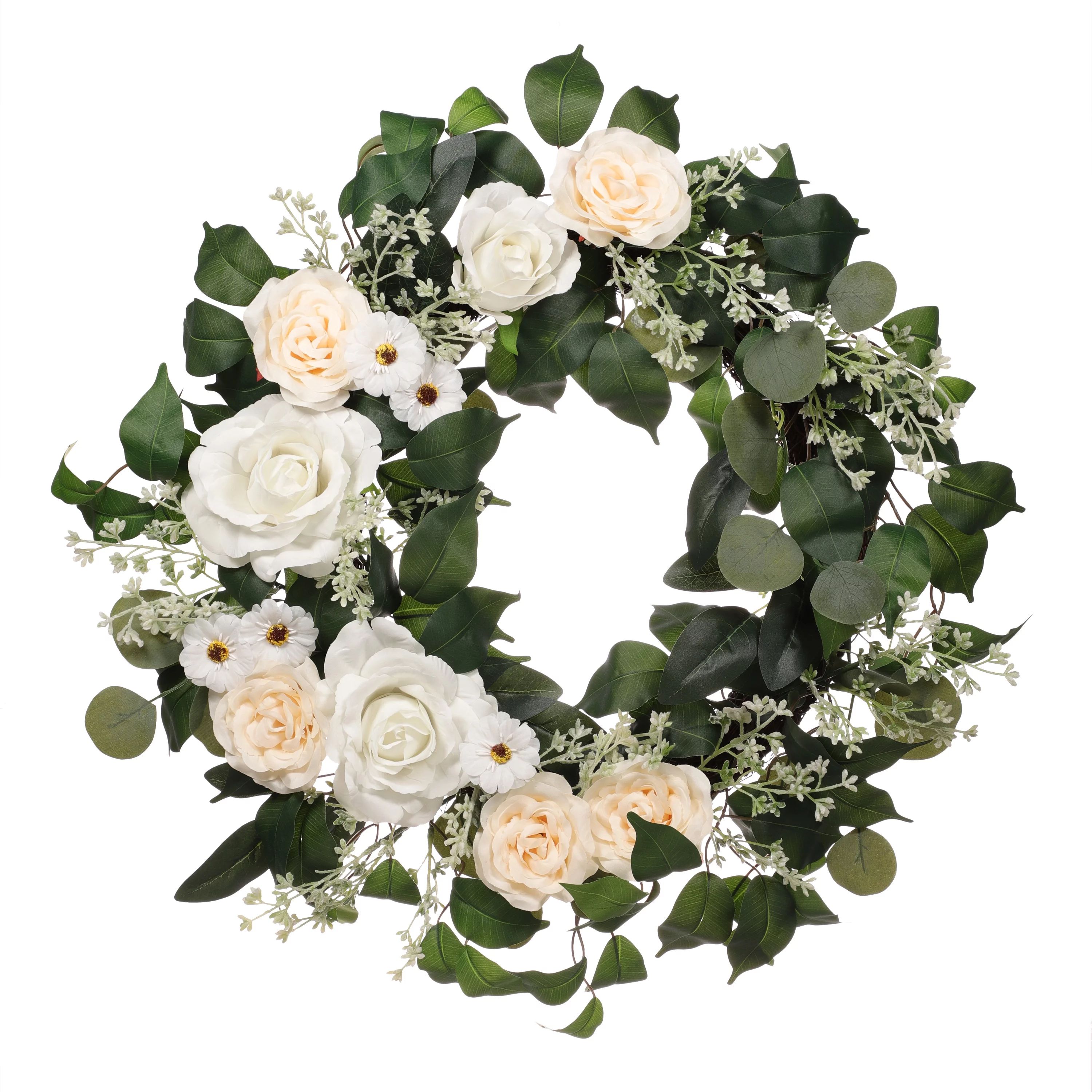 24" Artificial Rose, Camellia, Babys breath Floral Spring Wreath with Green Leaves | Walmart (US)