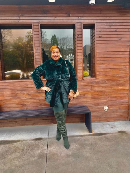 Boots, green over the knee boots, green vegan leather pants, green faux fur coat, gold chunky rings, gold geometric earrings, nude handbags

#LTKSeasonal #LTKplussize #LTKshoecrush