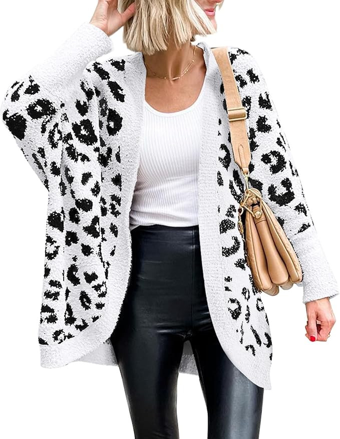 BTFBM Women Fashion Leopard Print Long Sleeve Sweater Cardigan Loose Knit Open Front Fall Winter ... | Amazon (US)