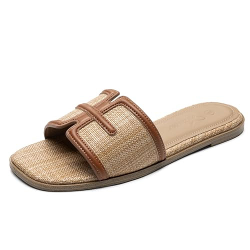 Amazon.com | Athlefit Brown Flat Sandals for Women Raffia Comfortable Square Open Toe Slip On Bea... | Amazon (US)