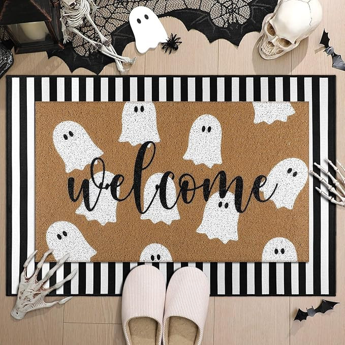 2 Pcs Halloween Welcome Door Mat Ghost Outdoor Welcome Mats for Front Door Non Slip Cute Ghost Co... | Amazon (US)