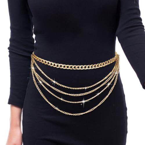 Molain Gold Layered Sparkly Rhinestone Chain Belt, Adjustable Bohemian Waist Belt Gold Rhinestones Belly Waistband for Women | Amazon (US)