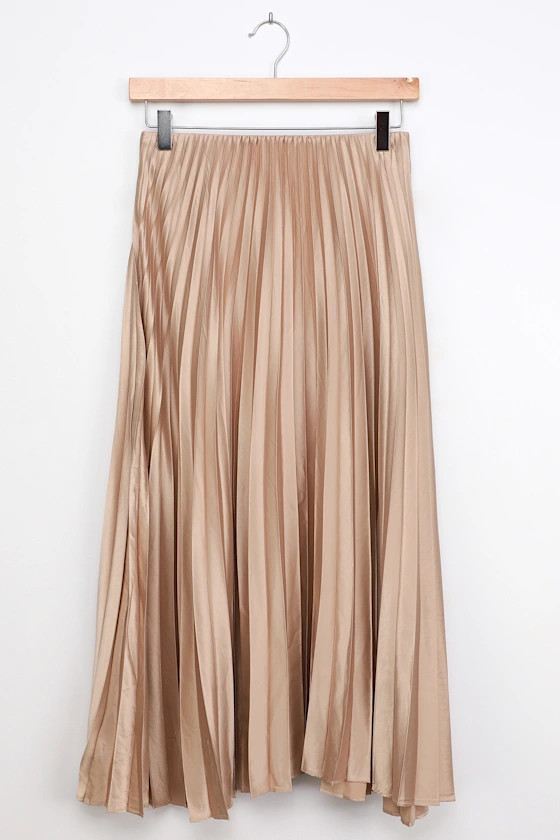 Pleat and Greet Champagne Pleated Satin Midi Skirt | Lulus (US)