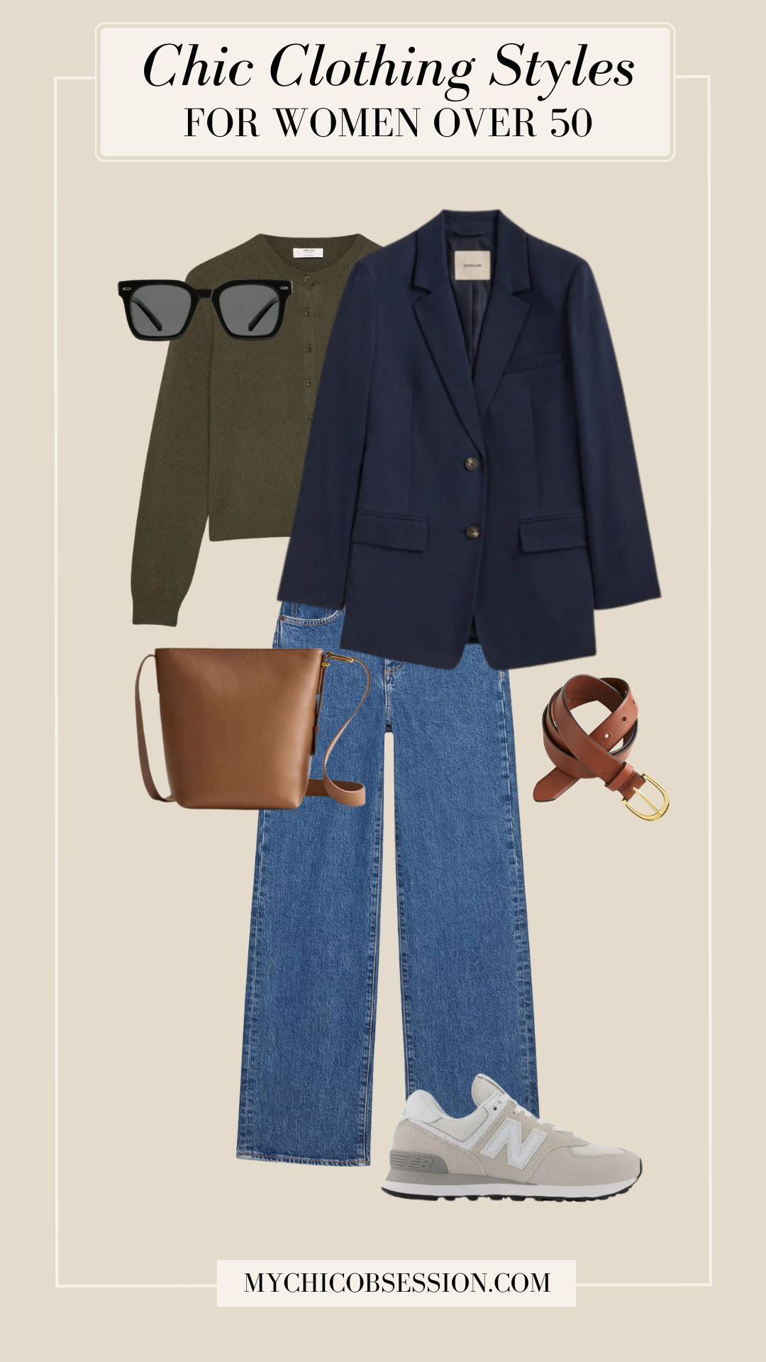 For a casual chic look over 50, pair wide-leg jeans with a navy blazer, olive green sweater, a leather handbag, a leather belt, sunglasses, and neutral sneakers. 

 #LTKSeasonal #LTKOver40