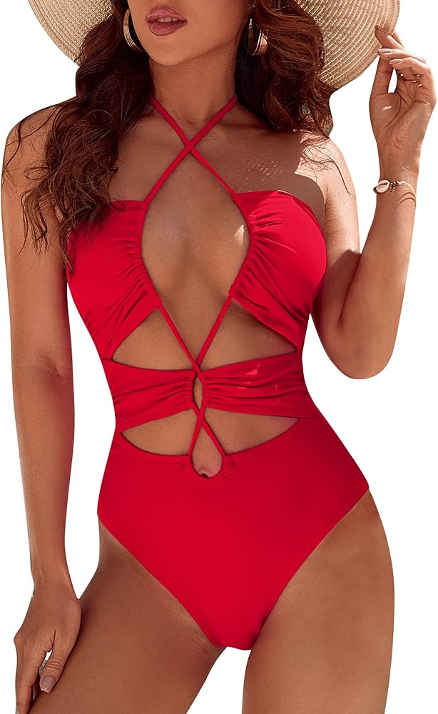 Blooming Jelly Womens Sexy One Piece Bathing Suit Cutout Cheeky High Cut Swimsuit Halter Criss Cross | Amazon (US)