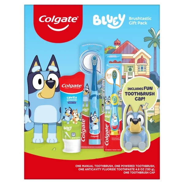 Colgate Kids Bluey Gift Set, Manual & Powered Toothbrush, Toothpaste, Toothbrush Cap, 4 Pack | Walmart (US)