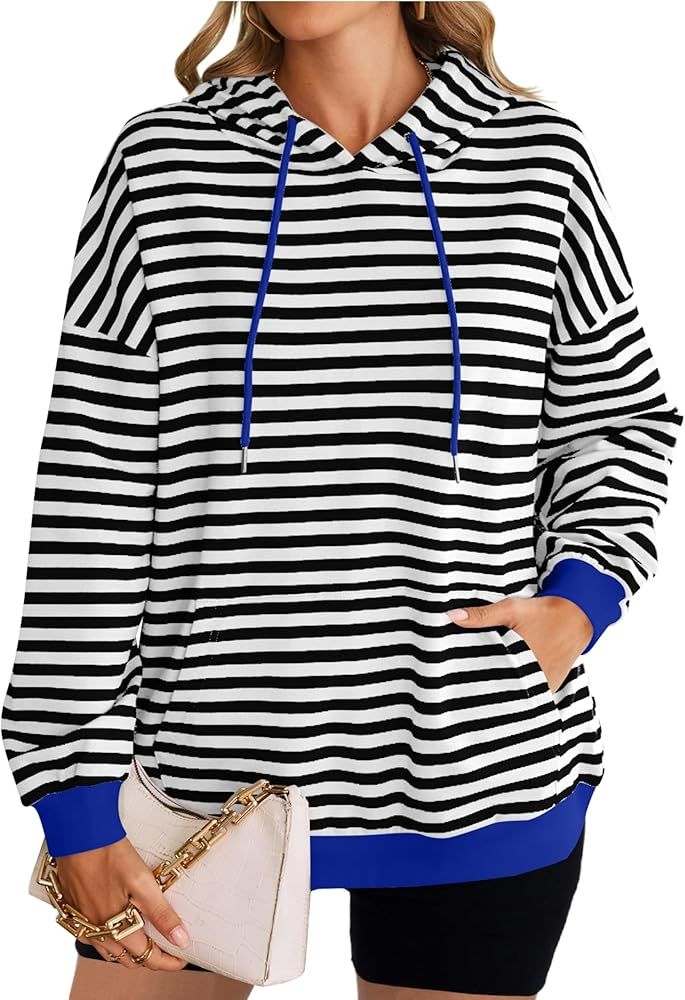 HangNiFang Oversized Striped Sweatshirt for Women Color Block Hoodies Pullover Top Long Sleeve Y2K Clothes | Amazon (US)