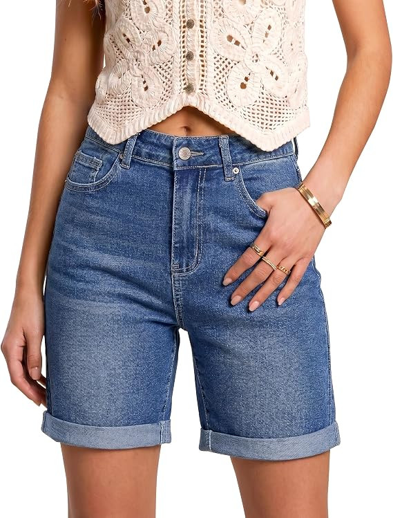luvamia Jean Shorts for Women High Waisted Trendy Causal Summer Fold Hem Stretchy Long Denim Shor... | Amazon (US)